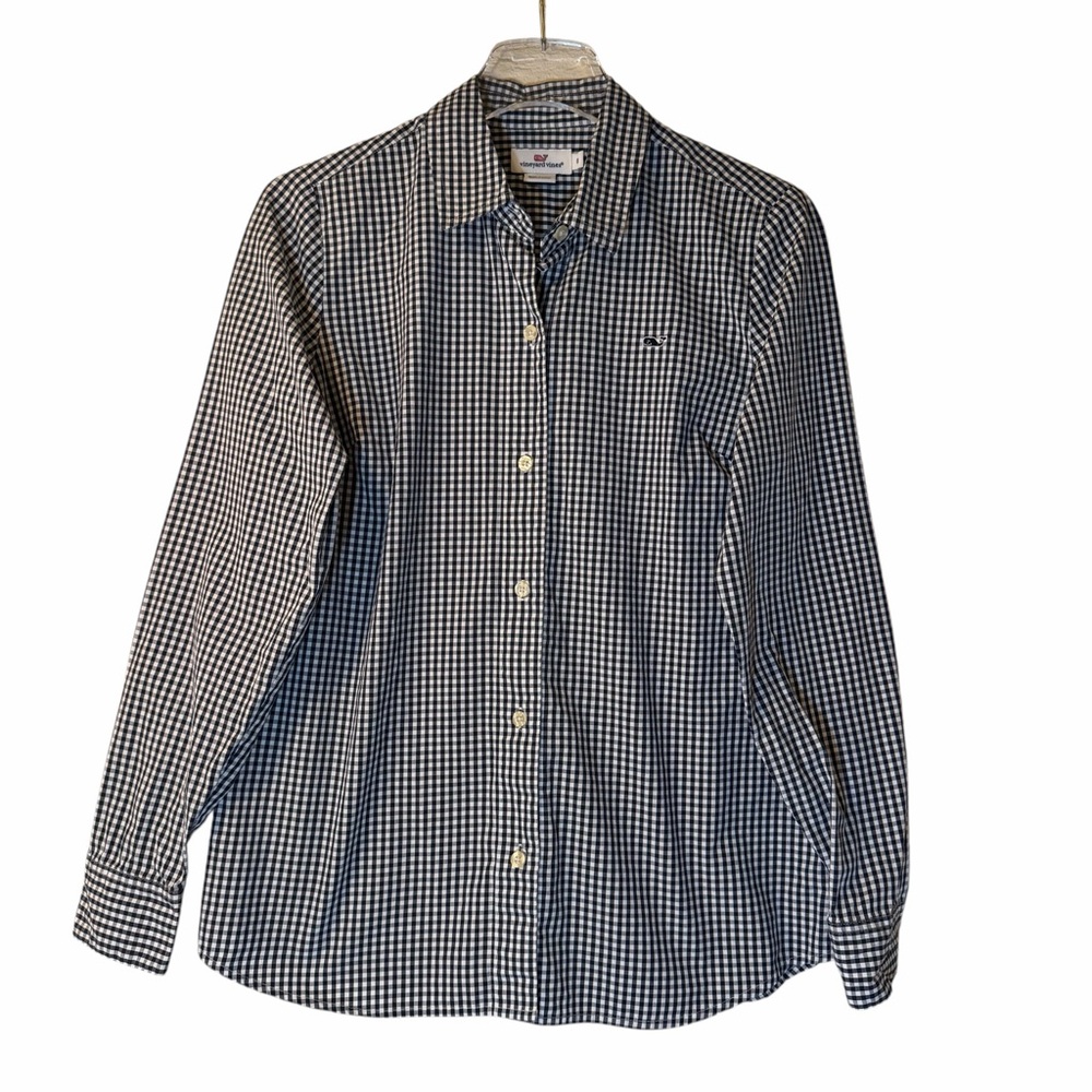 Vineyard Vines Navy Blue Gingham Check Button Up Shirt Collar Cotton Women 8